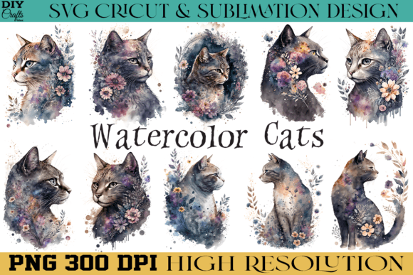 Download Cute Cat Flowers PNG Watercolor Design - Flower Collection