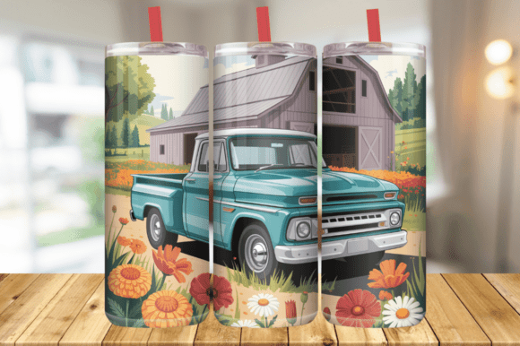 Download Old Truck Flower Meadow Tumbler Wrap PNG - Flower Collection