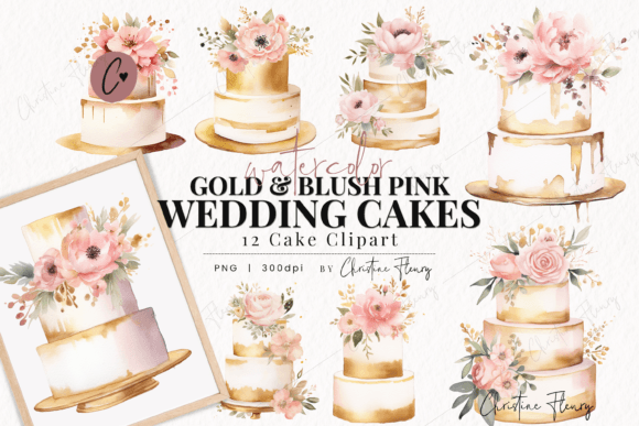 Download Watercolor Gold Blush Wedding Cakes PNG - Premium Resources