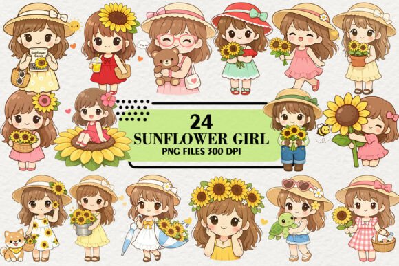 Download Kawaii Summer Sunflower Girl Stickers - Flower Collection