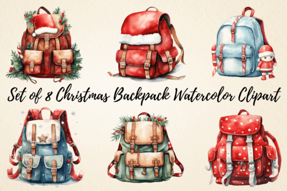 Download Christmas Backpack Watercolor Clipart - Backpack watercolor Collection