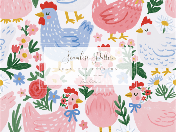 Download Whimsical Chickens Seamless Pattern PNG with Flowers - Flower Collection