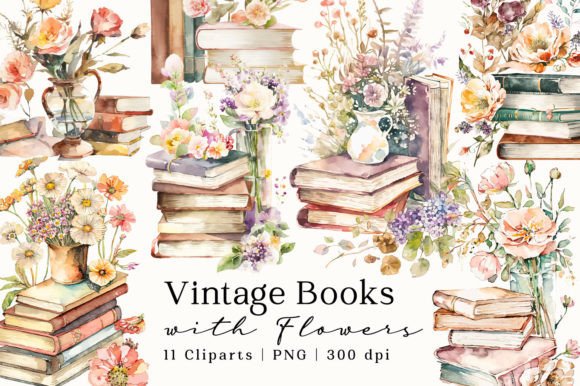Download Vintage Books Flowers Watercolor Clipart - Flower Collection