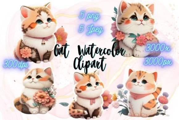 Download Cat &amp; Flowers Watercolor Stickers - Flower Collection