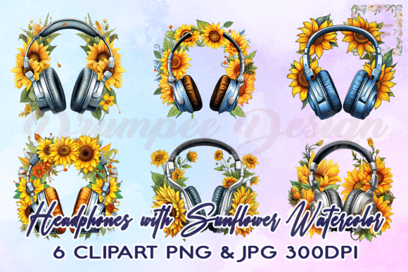 Download Headphones with Sunflower Watercolor PNG - Flower Collection