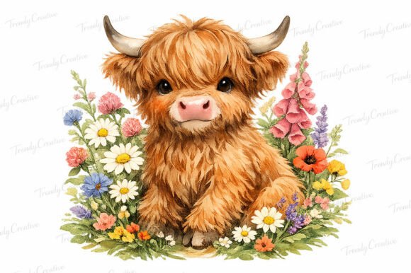 Download Watercolor Highland Cow Wildflower PNG - Flower Collection