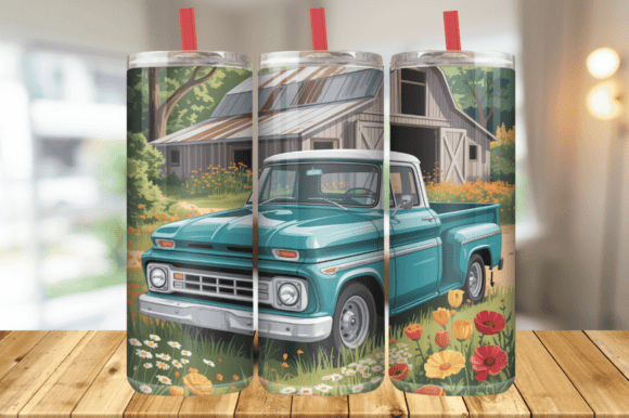 Download Old Truck Flower Meadow Tumbler Wrap PNG - Flower Collection