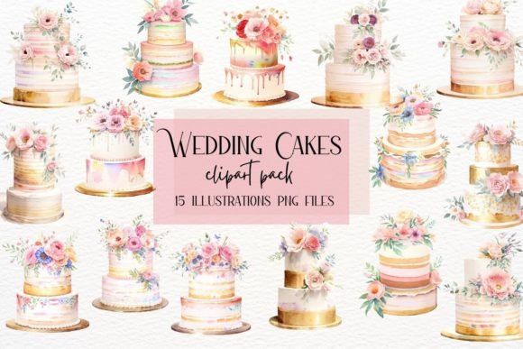 Download Watercolor Wedding Cakes, Gold Floral - Premium Resources